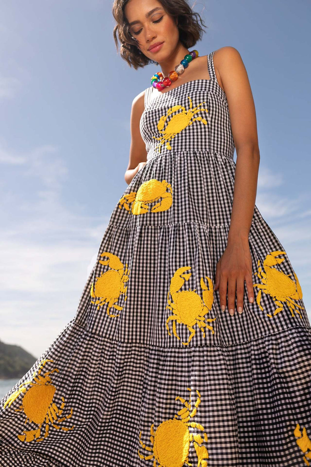 "Hazel" Black Plaid Yellow Crab Maxi Dress