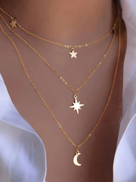 Triple Layer Star Moon Pendant Necklace