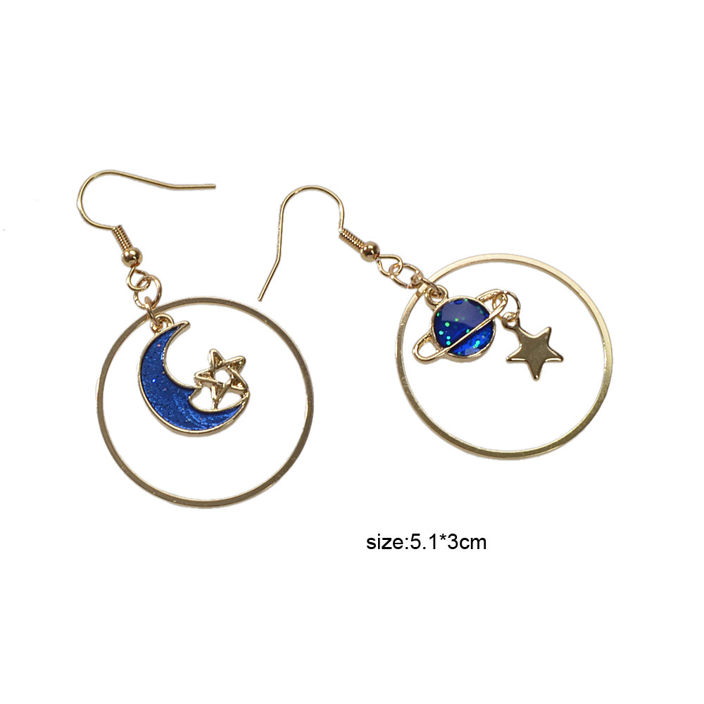 Star Moon Planet Globe Circle Asymmetric Dangle Women Teens Round Hoop Earrings-4