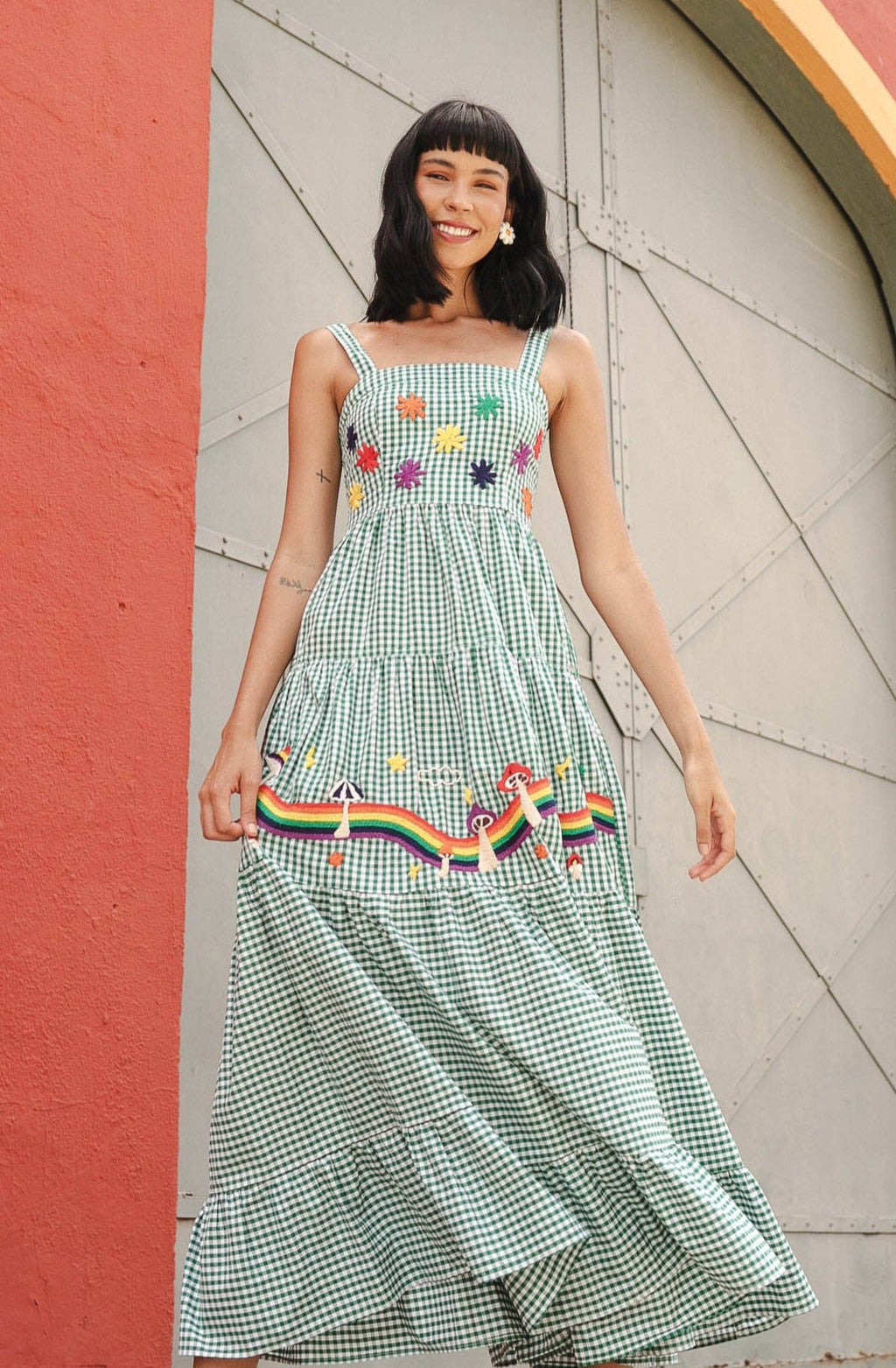 "Thelma" Green Grid Rainbow Bar Maxi Dress
