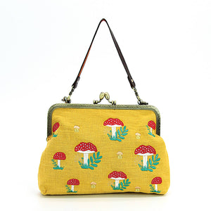Mushrooms Kisslock Frame Handbag in Cotton: Black-3