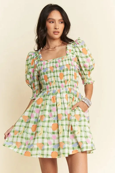 "Davi & Dani" Fruits Printed Smocking Mini Dress