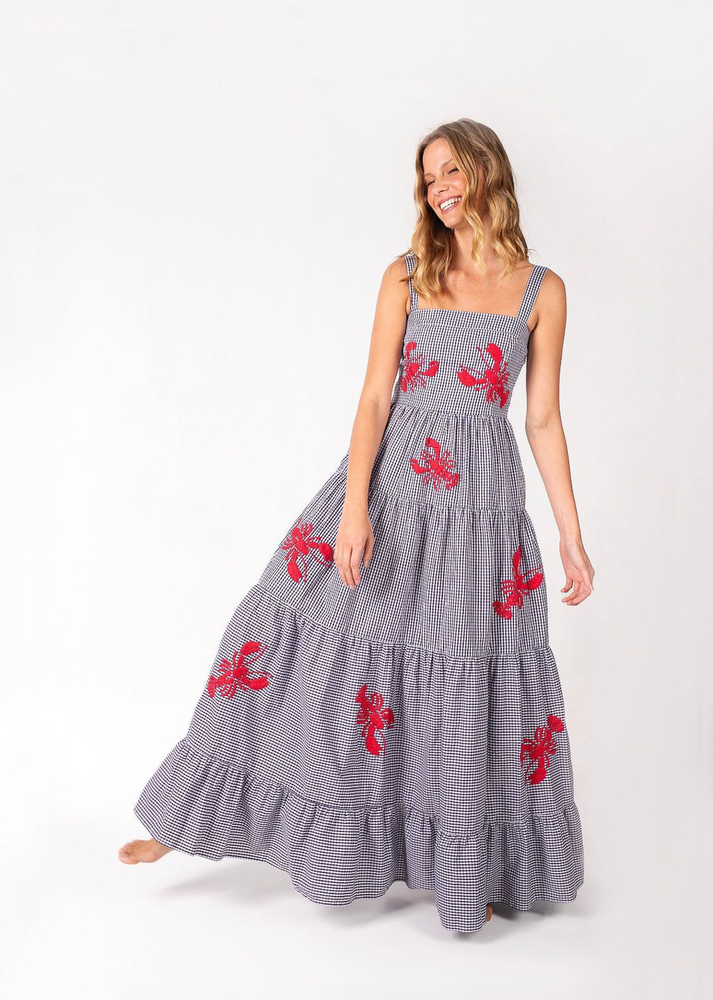 "Claudette" Sapphire Blue Grid Red Lobster Maxi Dress