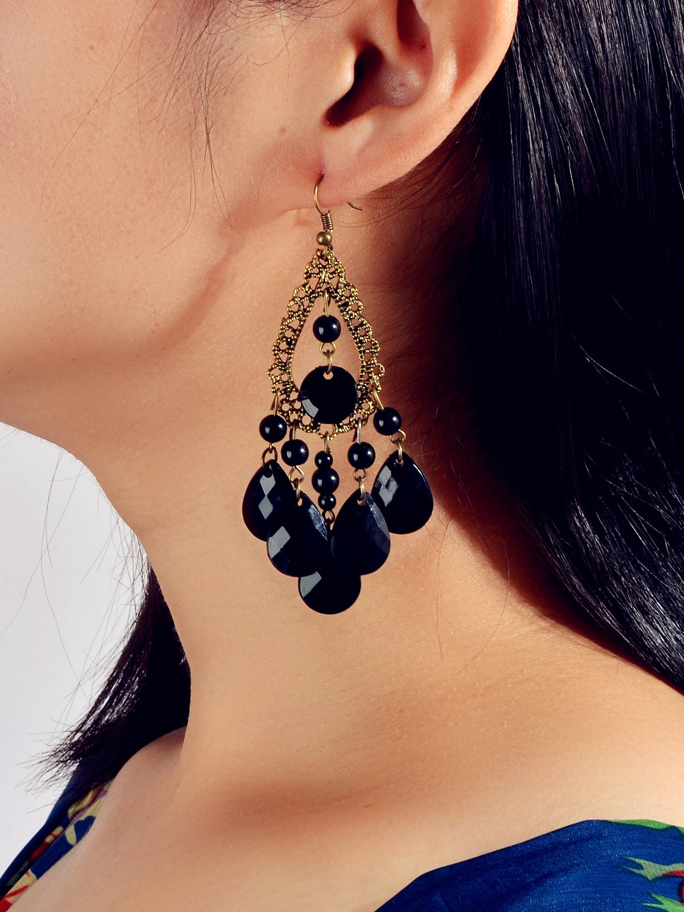 Bohemian Retro Jewellery Black Water Drop Beads Antique Gold Chandelier Earrings-4