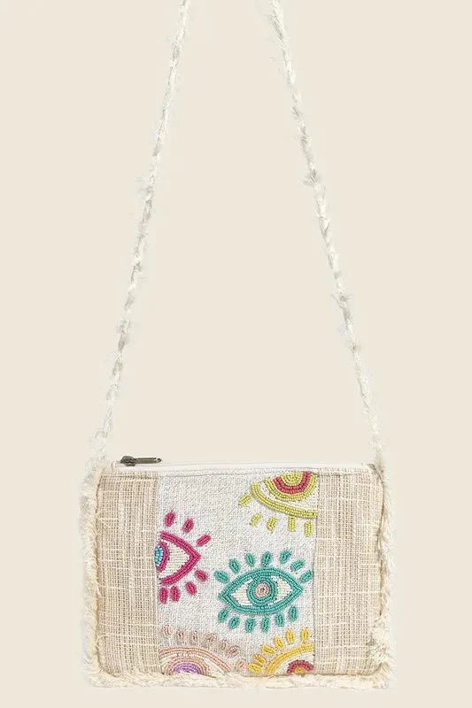 Fame Seed Beaded Eye Pattern Crossbody Bag-0
