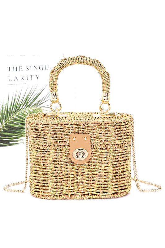 Faux Straw Metallic Top Handle Box Clutch Bag-0