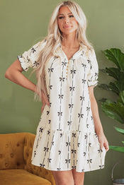 Logan Bowknot Bubble Sleeve V Neck Dress-0 width=100 