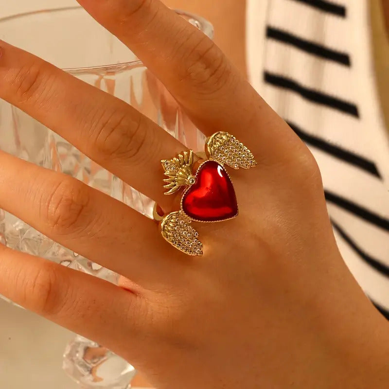 "Inanna" Flaming Heart Winged Ring