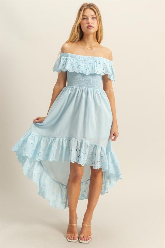 HYFVE High-Low Eyelet Ruffled Off-Shoulder Dress-1