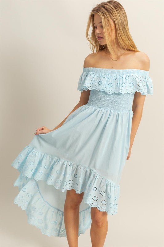 HYFVE High-Low Eyelet Ruffled Off-Shoulder Dress-0