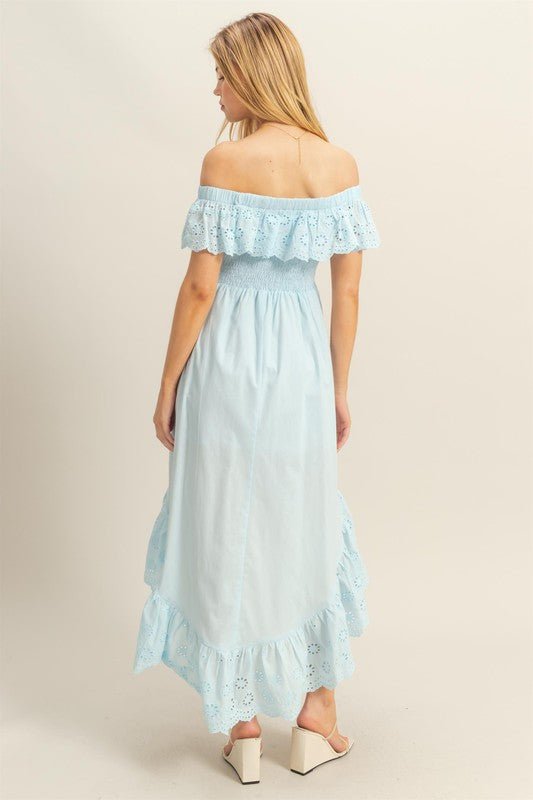 HYFVE High-Low Eyelet Ruffled Off-Shoulder Dress-3