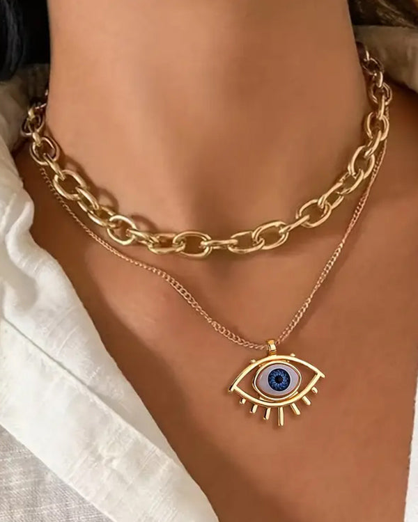 EVIL EYE PENDANT DOUBLE NECKLACE SET-0