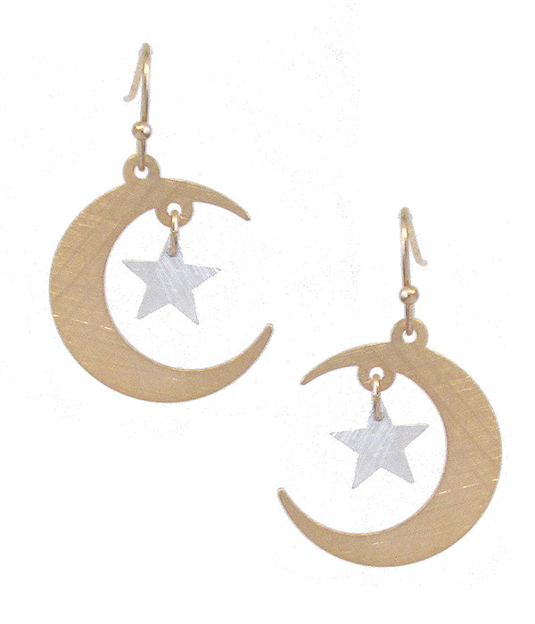 SCRATCH METAL STAR AND MOON EARRING - BRASS METAL-0
