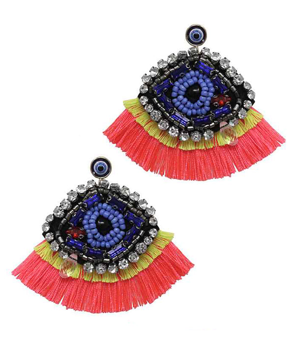 MULTI SEED BEAD EVIL EYE AND TASSEL EARRING-0