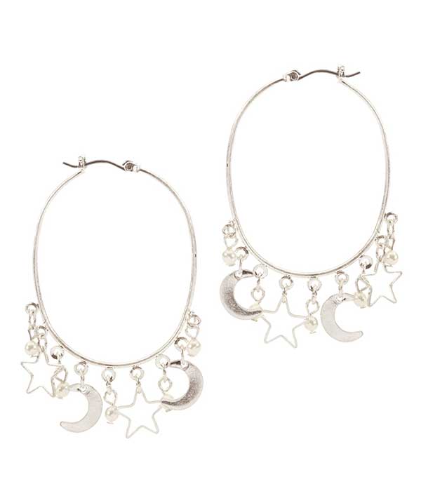 MOON AND STAR CHARM DROP WIRE HOOP EARRING-0