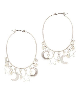 MOON AND STAR CHARM DROP WIRE HOOP EARRING-0