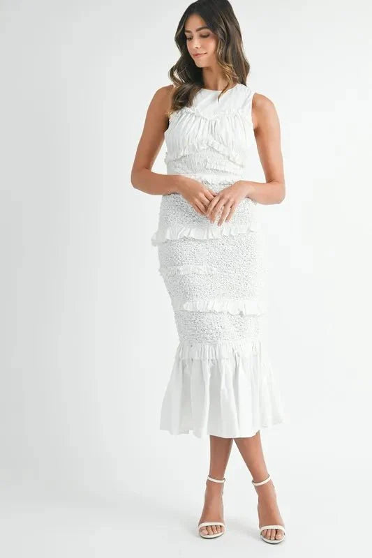 MABLE Ruffled Popcorn Smocked Mermaid Midi Dress-0