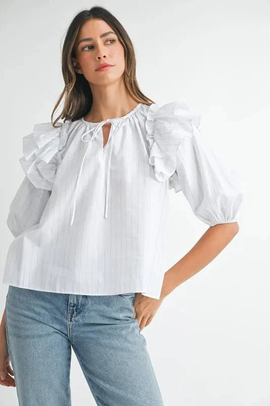 MABLE Stripe Ruffle Shoulder Puff Sleeve Blouse-0