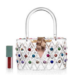 1950 Vintage Style “The Queen" Rainbow Colorful Crystal Acrylic Lucite Box Clutch Bag-1 width=100 