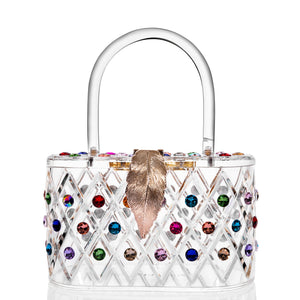 1950 Vintage Style “The Queen" Rainbow Colorful Crystal Acrylic Lucite Box Clutch Bag-0