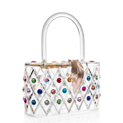 1950 Vintage Style “The Queen" Rainbow Colorful Crystal Acrylic Lucite Box Clutch Bag-3 width=100 
