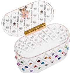 1950 Vintage Style “The Queen" Rainbow Colorful Crystal Acrylic Lucite Box Clutch Bag-4 width=100 