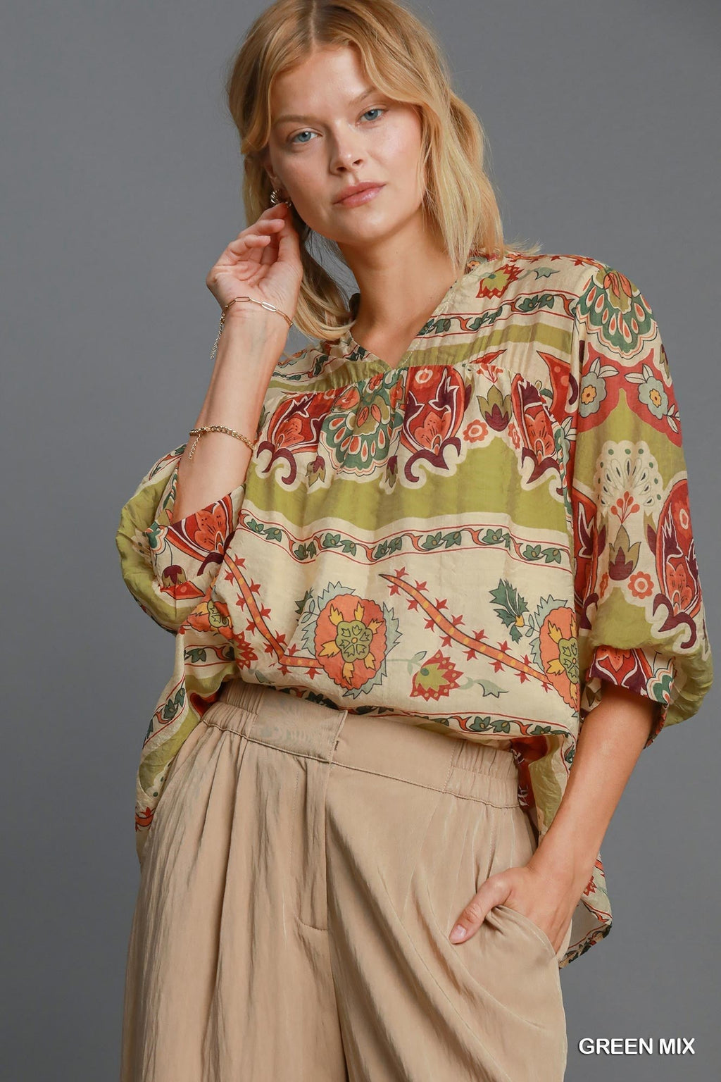 Umgee Full Size Border Print Notched 3/4 Puff Sleeve Blouse Plus Size-0