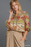 Umgee Full Size Border Print Notched 3/4 Puff Sleeve Blouse Plus Size-0
