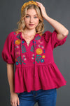 Umgee Full Size Cotton Gauze Floral Embroidery Babydoll Blouse Plus Size-0