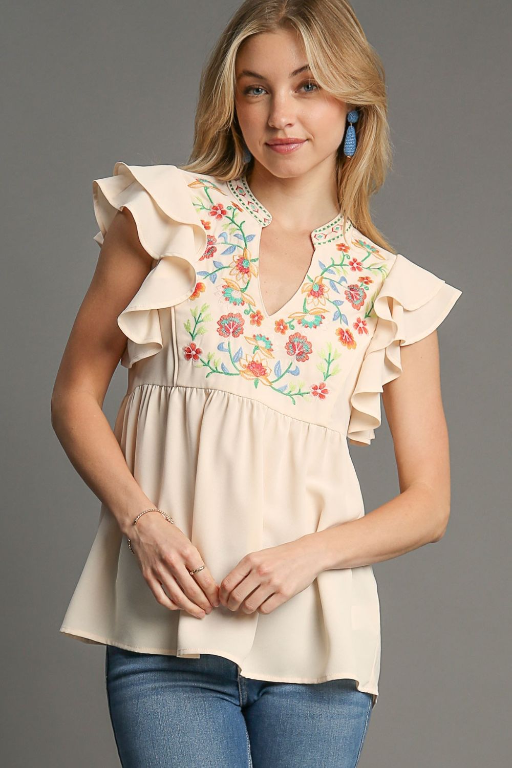 Umgee Full Size Embroidery Notched Double Ruffle Sleeve Blouse Plus Size-0