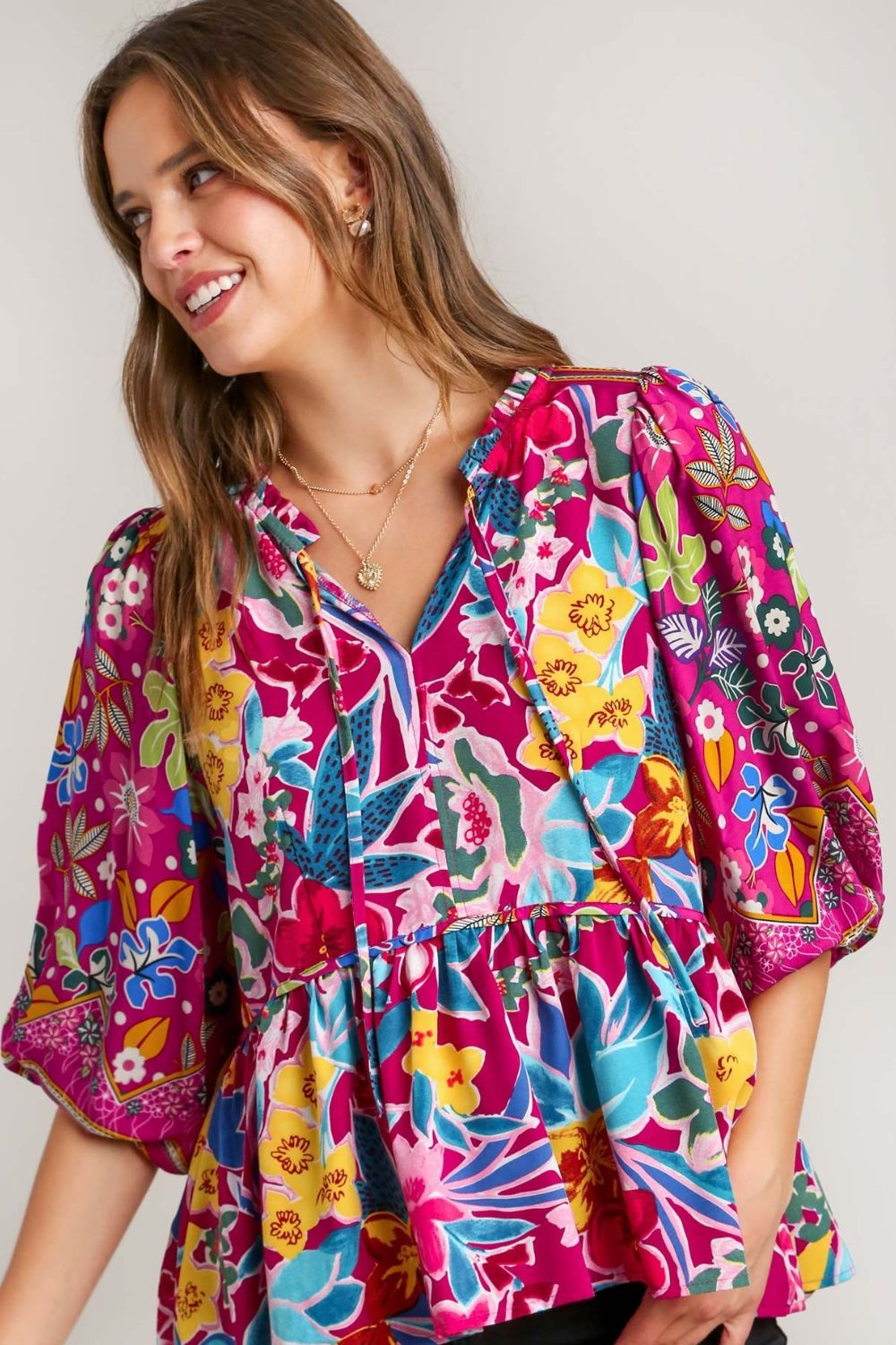 Umgee Full Size Floral Print Tie Neck Peplum Blouse Plus Size-0