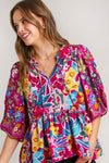 Umgee Full Size Floral Print Tie Neck Peplum Blouse Plus Size-0