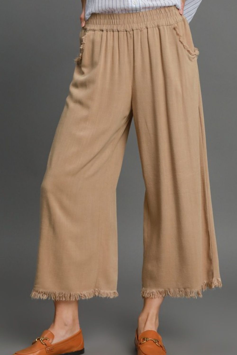 Umgee Full Size Linen Blend Elastic Waistband Wide Leg Pants Plus Size-0
