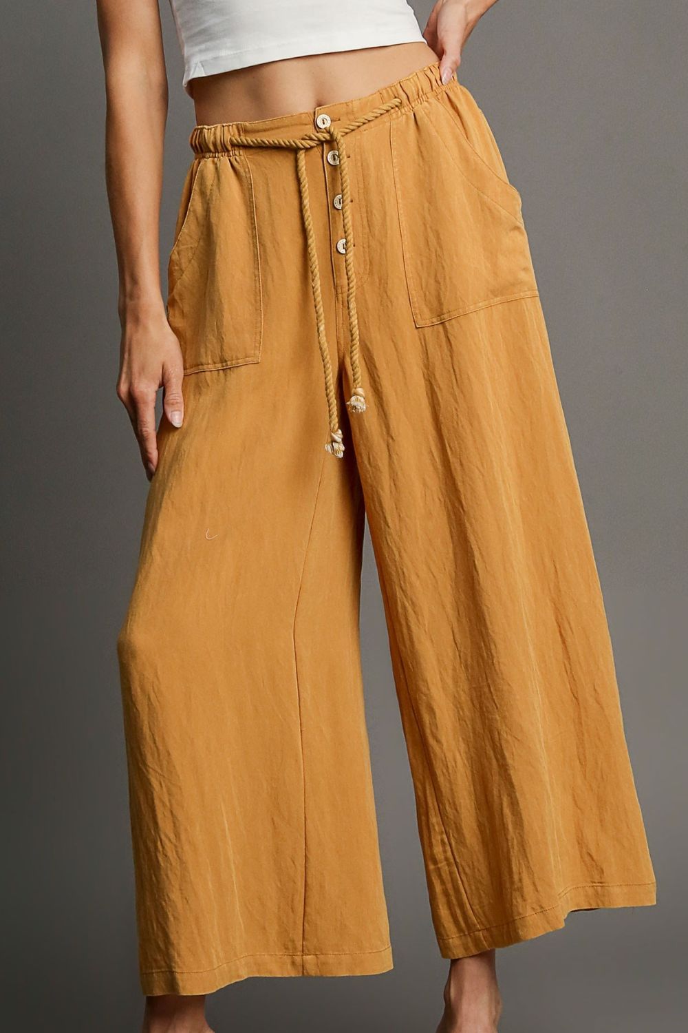 Umgee Full Size Rope Drawstring Wide Leg Pants Plus Size-0