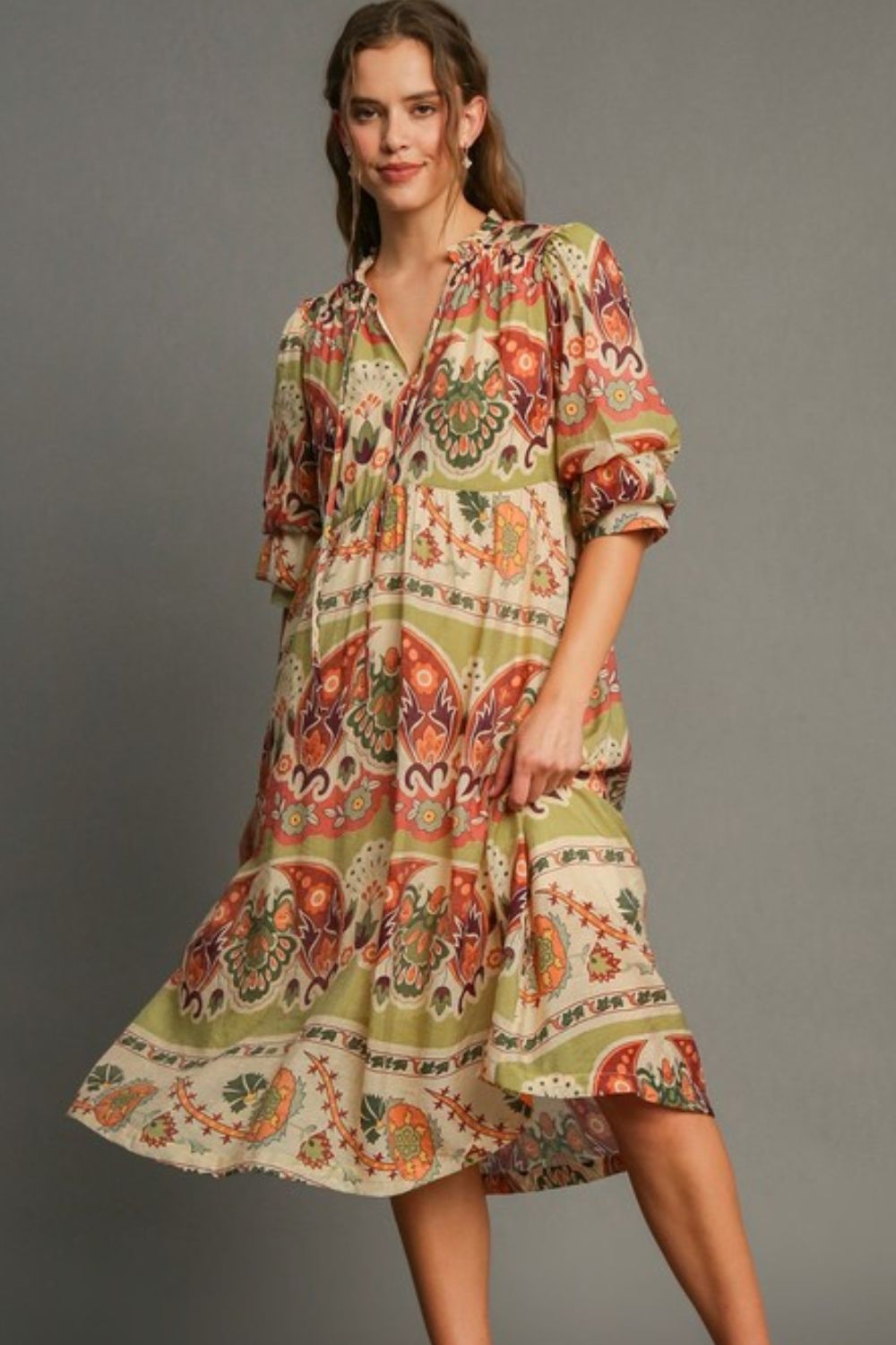 Umgee Full Size Tiered Border Print Midi Dress Plus Size-0