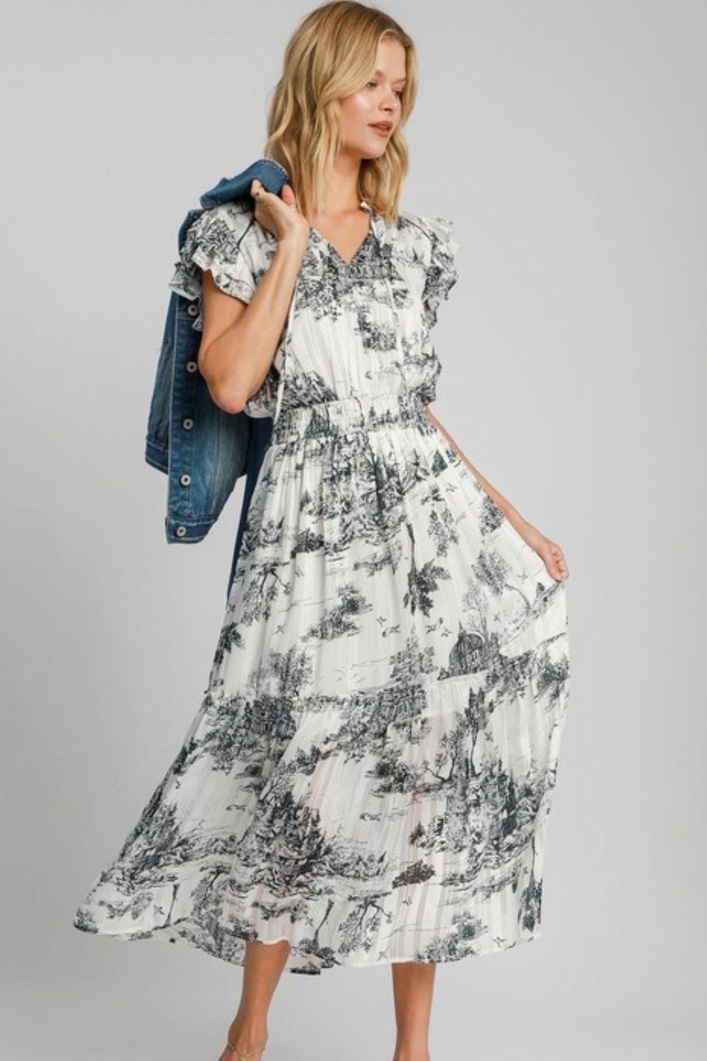 Umgee Full Size Two Tone Landscape Print Midi Dress Plus Size-0