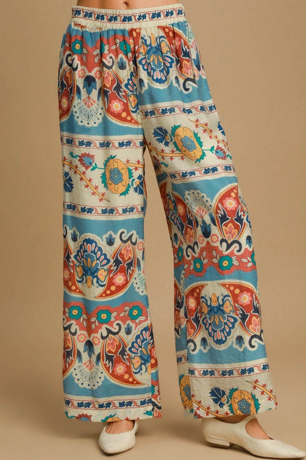 Umgee Full Size Wide Leg Border Print Pants Plus Size-0