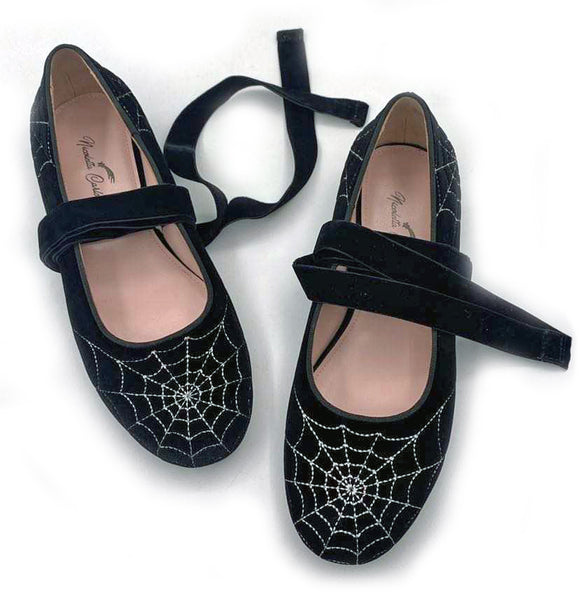 "Irene" Black Velvet Spiderweb Flats