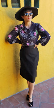 "Ava" Bishop Sleeve Blouse In "Webs and Roses" width=100 