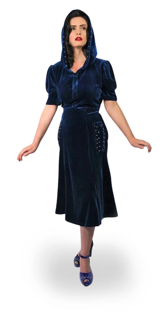 "Noctis" 1930s Style Blue Velvet Hooded Stars Dress