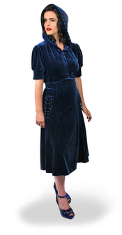 "Noctis" 1930s Style Blue Velvet Hooded Stars Dress width=100 